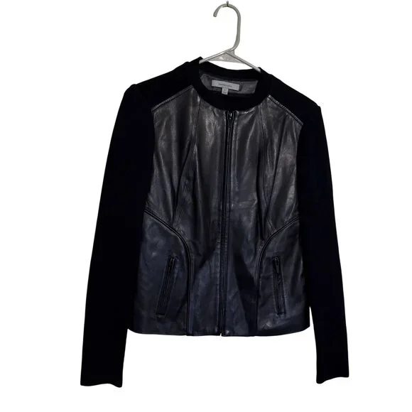 Classiques Entier Women's Black Leather Front and Wool Zip Up jacket Size XS - Picture 1 of 5